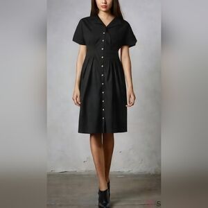 Halston Linen Blend Button Front Black Dress | Size 6